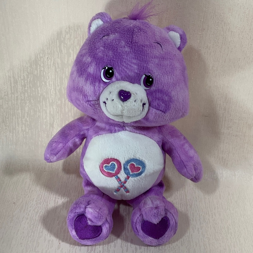 2003 Care Bears Share Bear tie dye Plushie Purple Lollipop Heart 10"